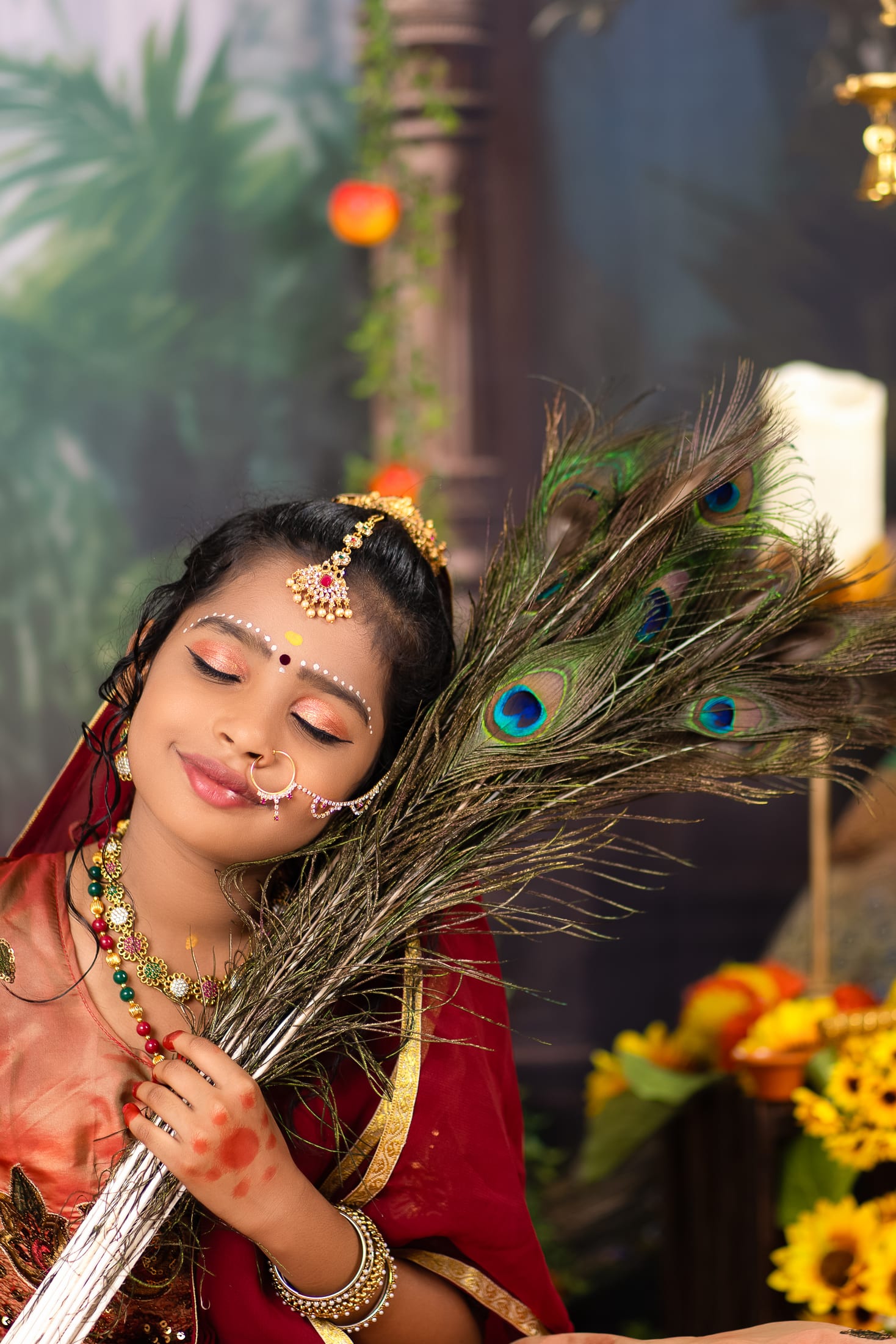 Baby girl in traditional attire with peacock feathers