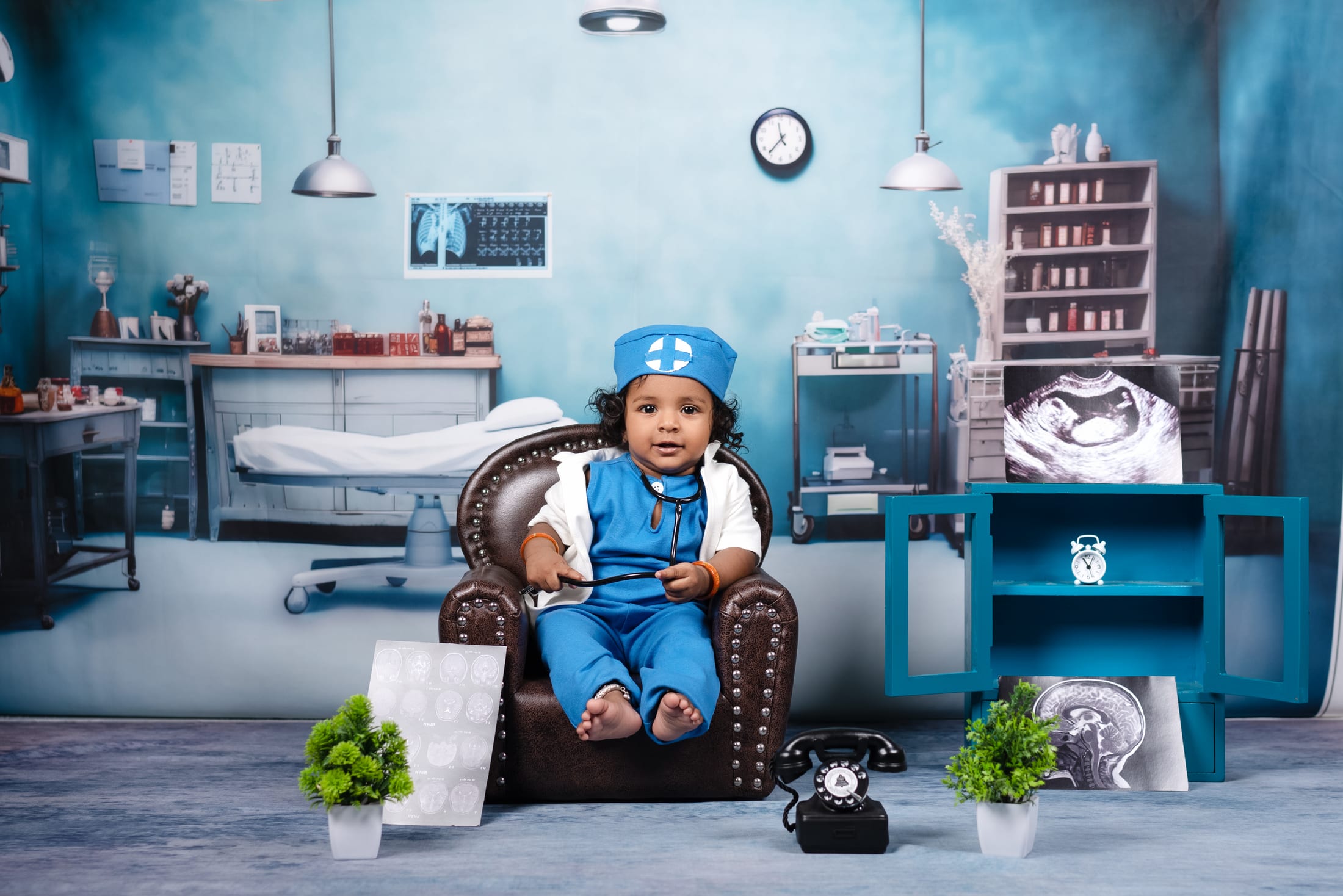 Toddler boy styled in a playful doctor theme