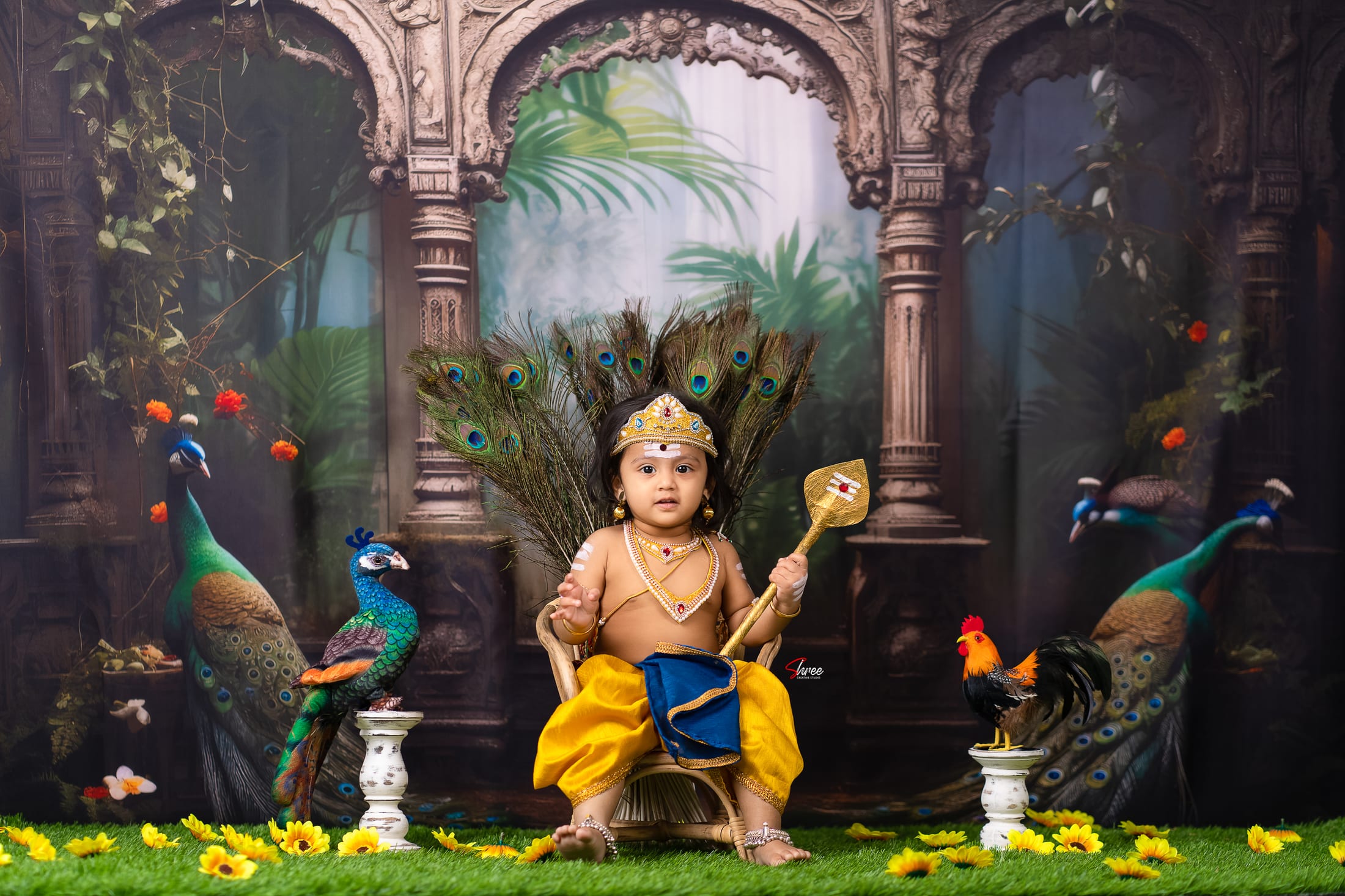Baby styled as Krishna on a palace-themed backdrop
